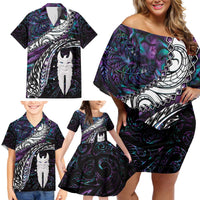 New Zealand Aotearoa Family Matching Off Shoulder Short Dress and Hawaiian Shirt Maori Hei Rehua Paua Shell Glitter Purple LT05 - Polynesian Pride