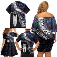 New Zealand Aotearoa Family Matching Off Shoulder Short Dress and Hawaiian Shirt Maori Hei Rehua Paua Shell Glitter Purple LT05 - Polynesian Pride