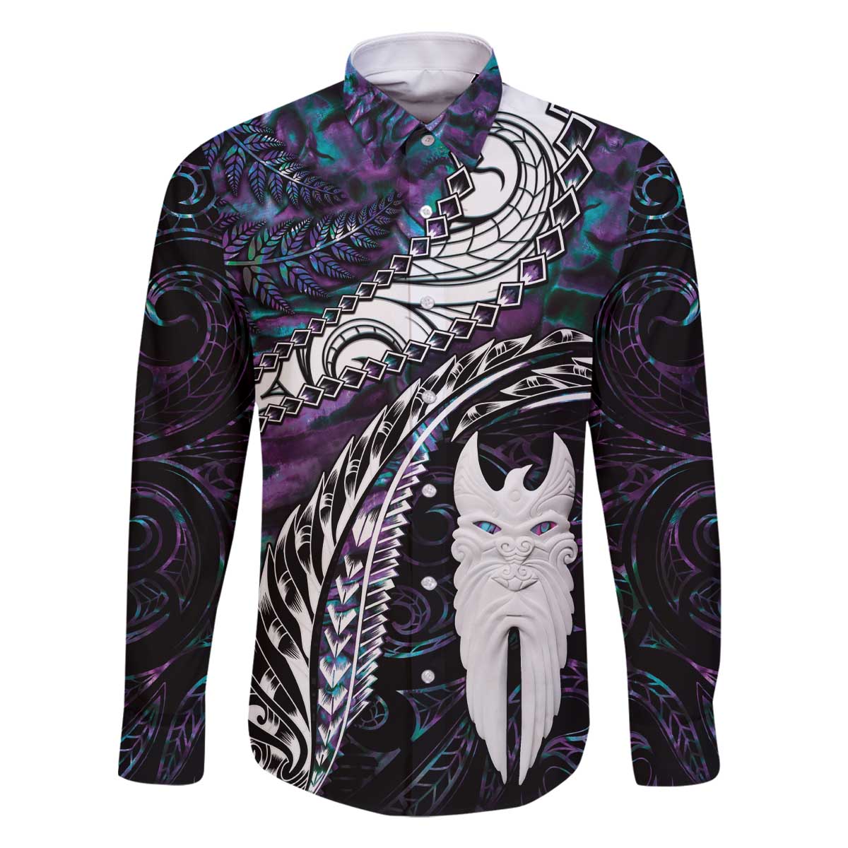 New Zealand Aotearoa Family Matching Off Shoulder Short Dress and Hawaiian Shirt Maori Hei Rehua Paua Shell Glitter Purple LT05 Dad's Shirt - Long Sleeve Purple - Polynesian Pride