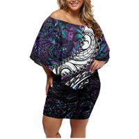 New Zealand Aotearoa Family Matching Off Shoulder Short Dress and Hawaiian Shirt Maori Hei Rehua Paua Shell Glitter Purple LT05 Mom's Dress Purple - Polynesian Pride