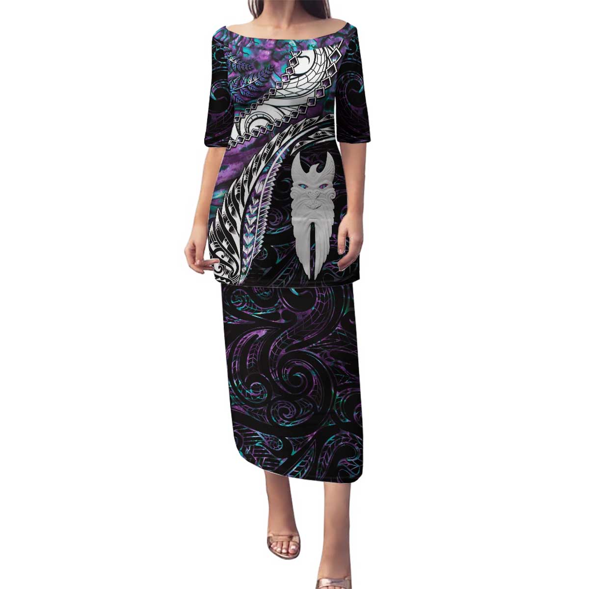 New Zealand Aotearoa Family Matching Puletasi and Hawaiian Shirt Maori Hei Rehua Paua Shell Glitter Purple LT05 Mom's Dress Purple - Polynesian Pride