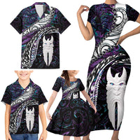 New Zealand Aotearoa Family Matching Short Sleeve Bodycon Dress and Hawaiian Shirt Maori Hei Rehua Paua Shell Glitter Purple LT05 - Polynesian Pride