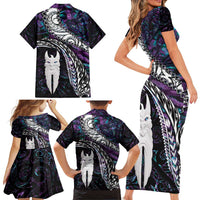 New Zealand Aotearoa Family Matching Short Sleeve Bodycon Dress and Hawaiian Shirt Maori Hei Rehua Paua Shell Glitter Purple LT05 - Polynesian Pride