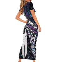 New Zealand Aotearoa Family Matching Short Sleeve Bodycon Dress and Hawaiian Shirt Maori Hei Rehua Paua Shell Glitter Purple LT05 - Polynesian Pride