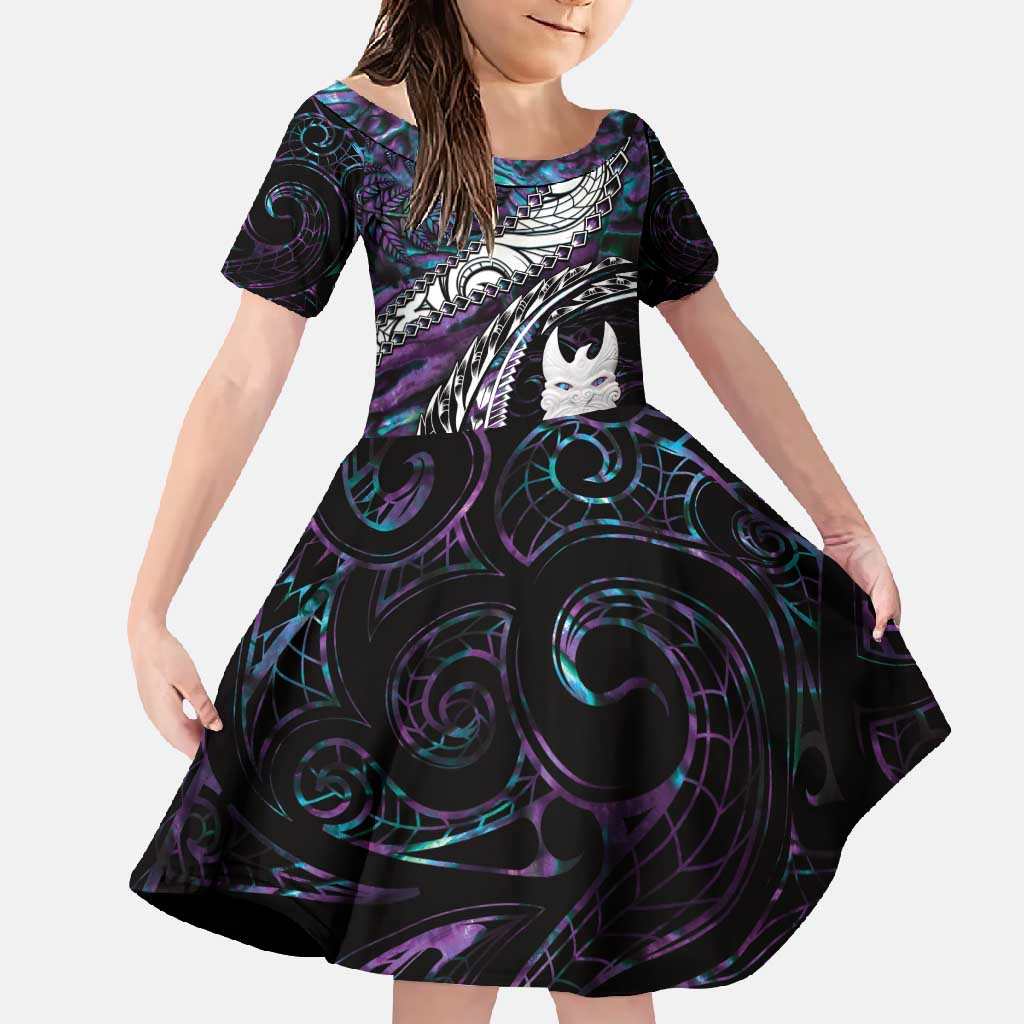 New Zealand Aotearoa Family Matching Tank Maxi Dress and Hawaiian Shirt Maori Hei Rehua Paua Shell Glitter Purple LT05 Daughter's Dress Purple - Polynesian Pride