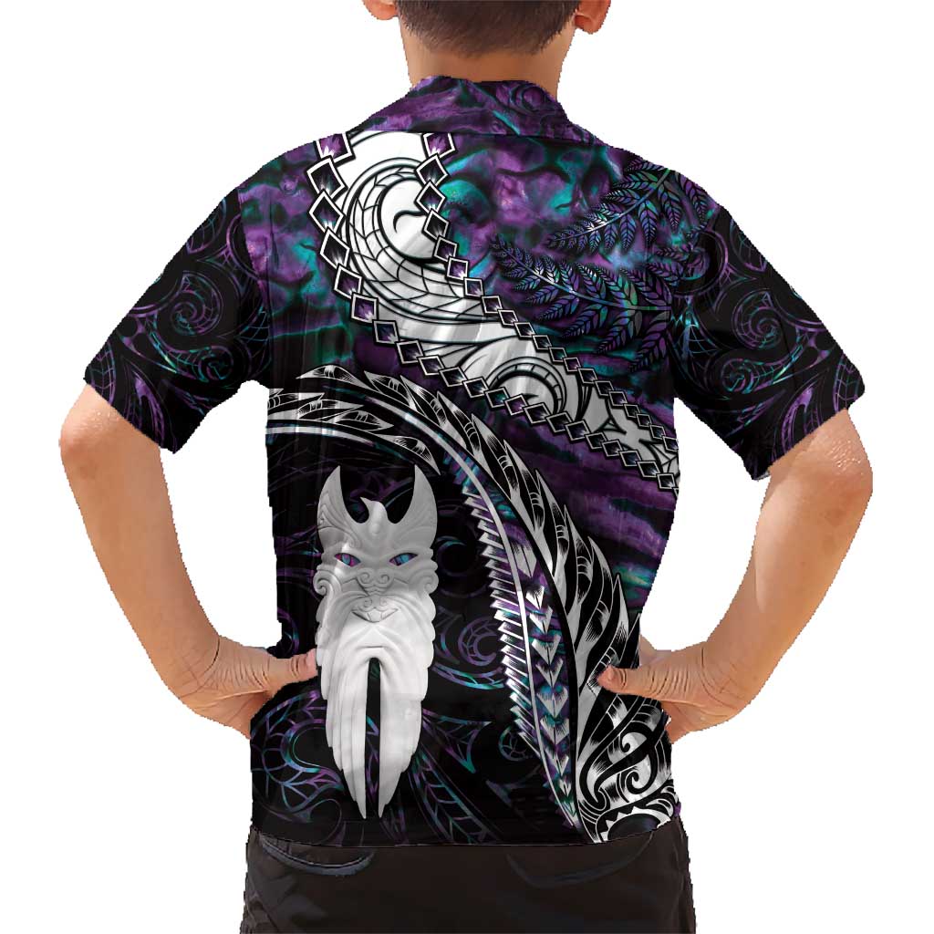 New Zealand Aotearoa Kid Hawaiian Shirt Maori Hei Rehua Paua Shell Glitter Purple LT05 - Polynesian Pride