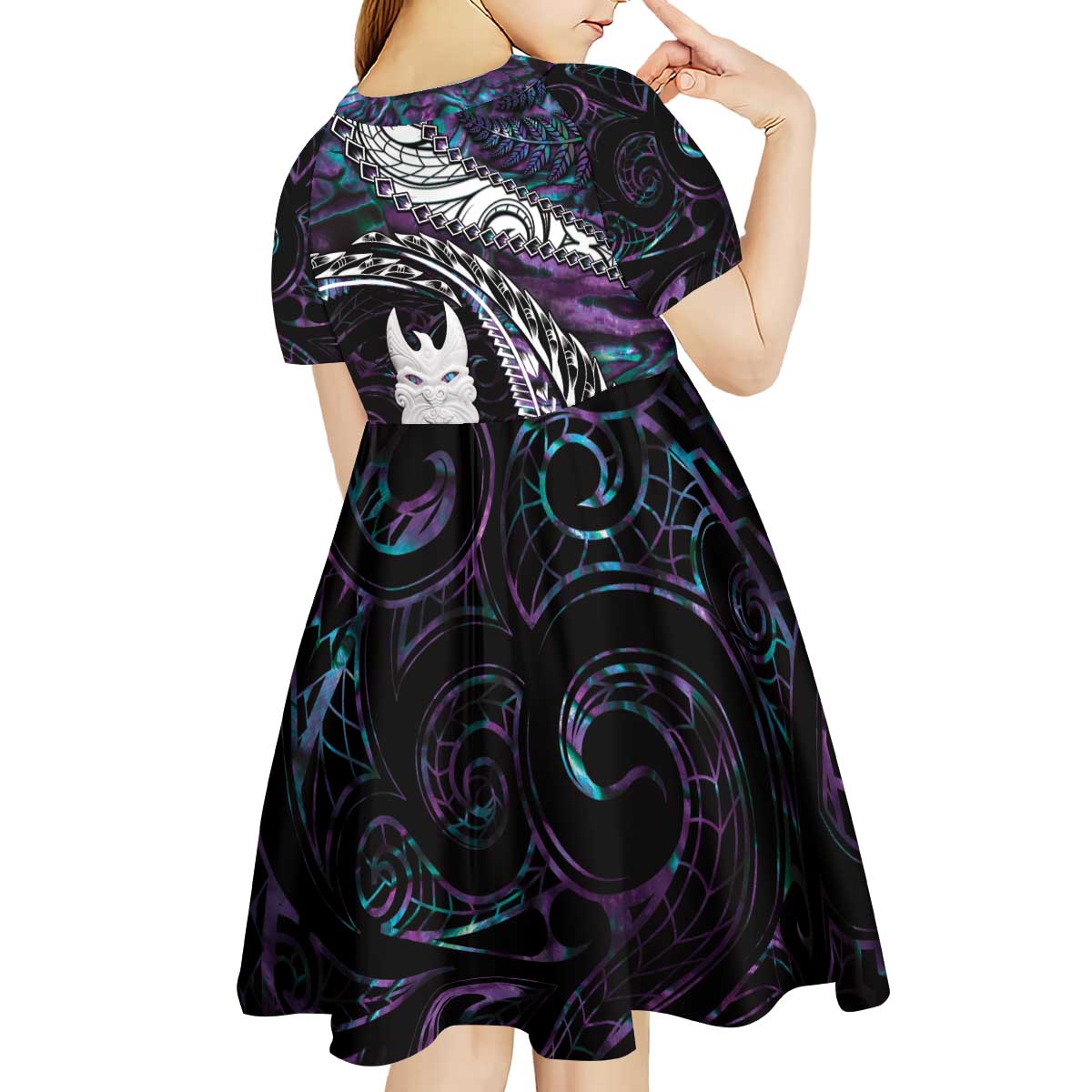 New Zealand Aotearoa Kid Short Sleeve Dress Maori Hei Rehua Paua Shell Glitter Purple LT05 - Polynesian Pride