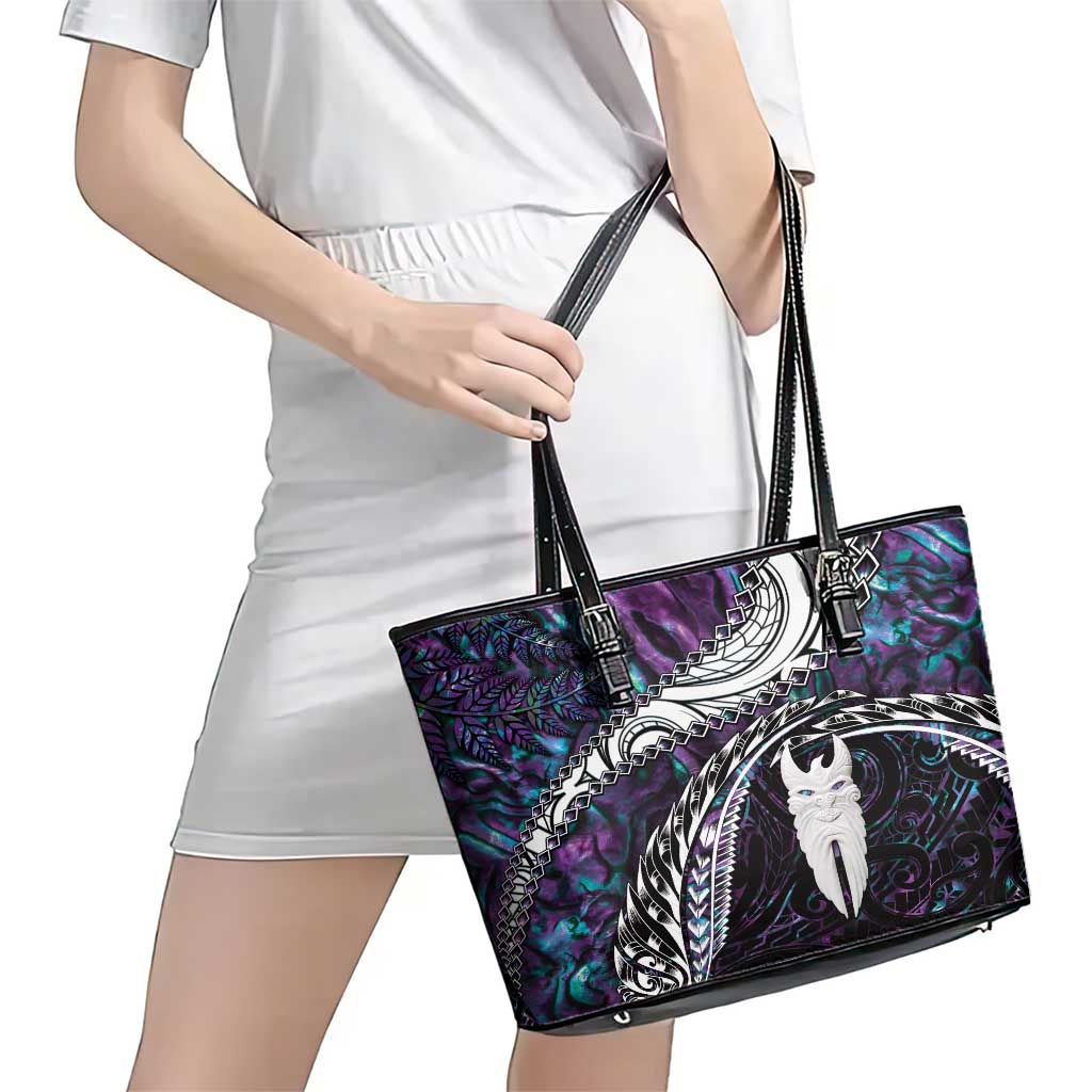 New Zealand Aotearoa Leather Tote Bag Maori Hei Rehua Paua Shell Glitter Purple LT05 - Polynesian Pride