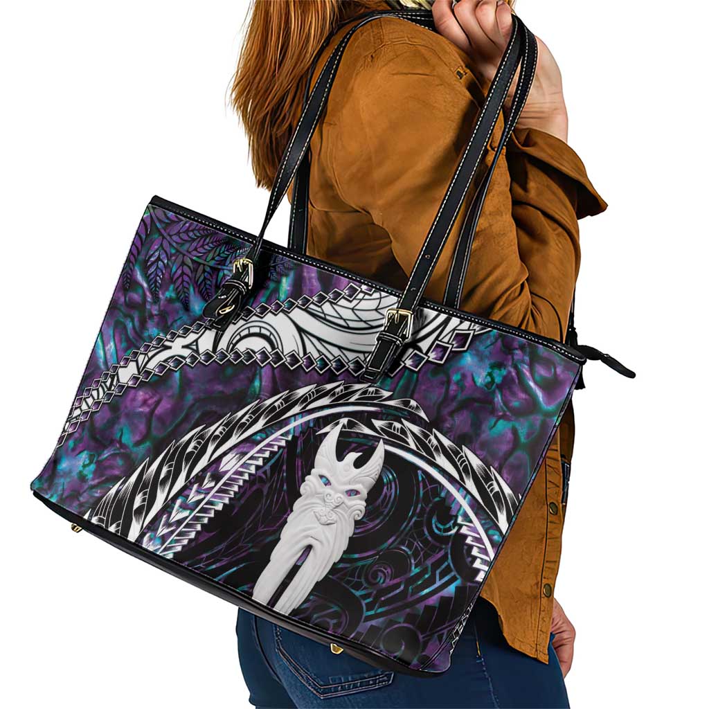New Zealand Aotearoa Leather Tote Bag Maori Hei Rehua Paua Shell Glitter Purple LT05 - Polynesian Pride