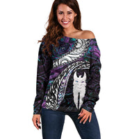 New Zealand Aotearoa Off Shoulder Sweater Maori Hei Rehua Paua Shell Glitter Purple LT05 Women Purple - Polynesian Pride