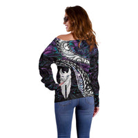 New Zealand Aotearoa Off Shoulder Sweater Maori Hei Rehua Paua Shell Glitter Purple LT05 - Polynesian Pride