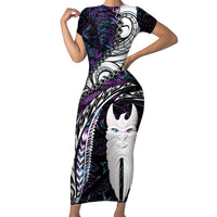 New Zealand Aotearoa Short Sleeve Bodycon Dress Maori Hei Rehua Paua Shell Glitter Purple LT05 Long Dress Purple - Polynesian Pride