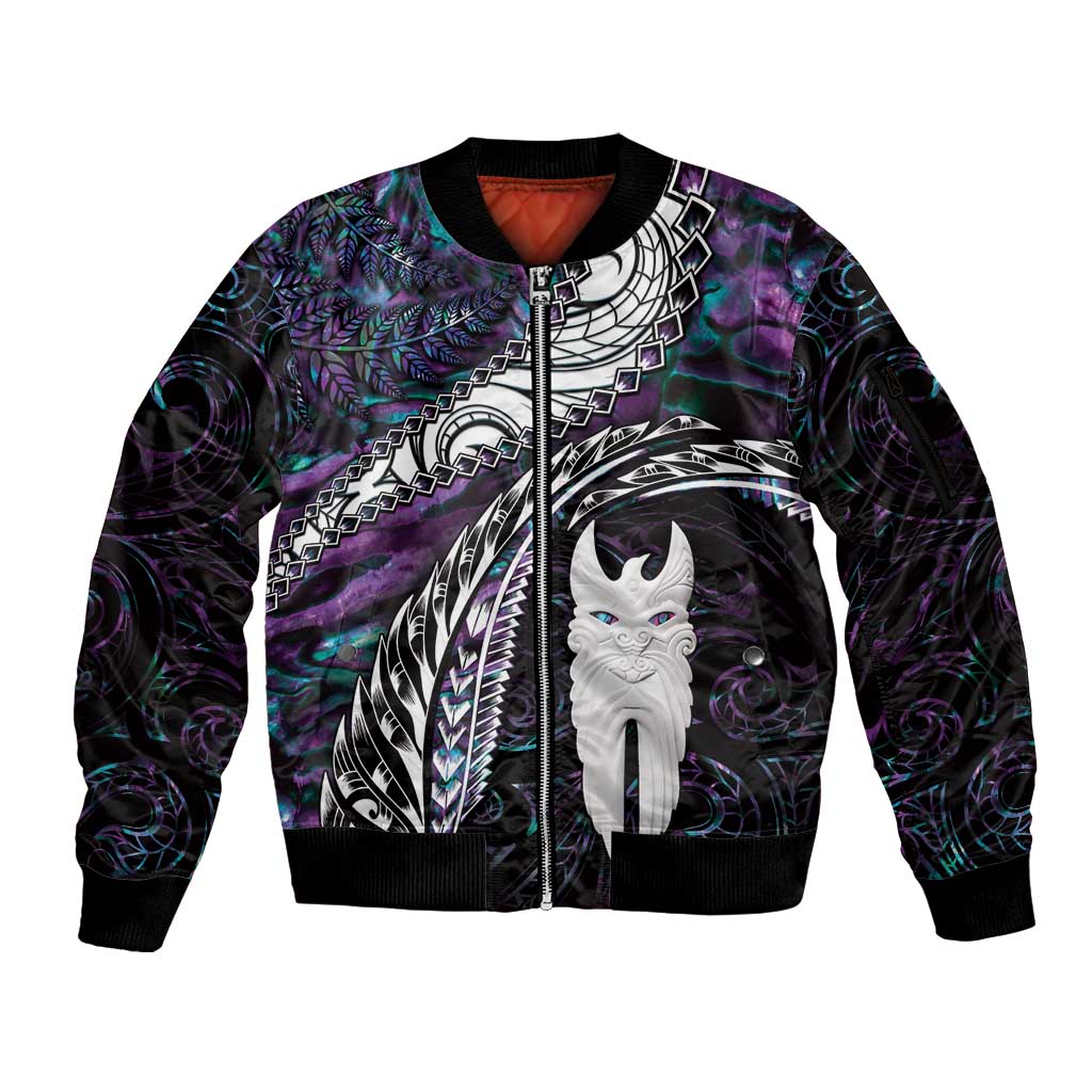 New Zealand Aotearoa Sleeve Zip Bomber Jacket Maori Hei Rehua Paua Shell Glitter Purple LT05 Unisex Purple - Polynesian Pride
