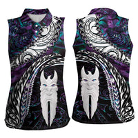 New Zealand Aotearoa Women Sleeveless Polo Shirt Maori Hei Rehua Paua Shell Glitter Purple LT05 - Polynesian Pride