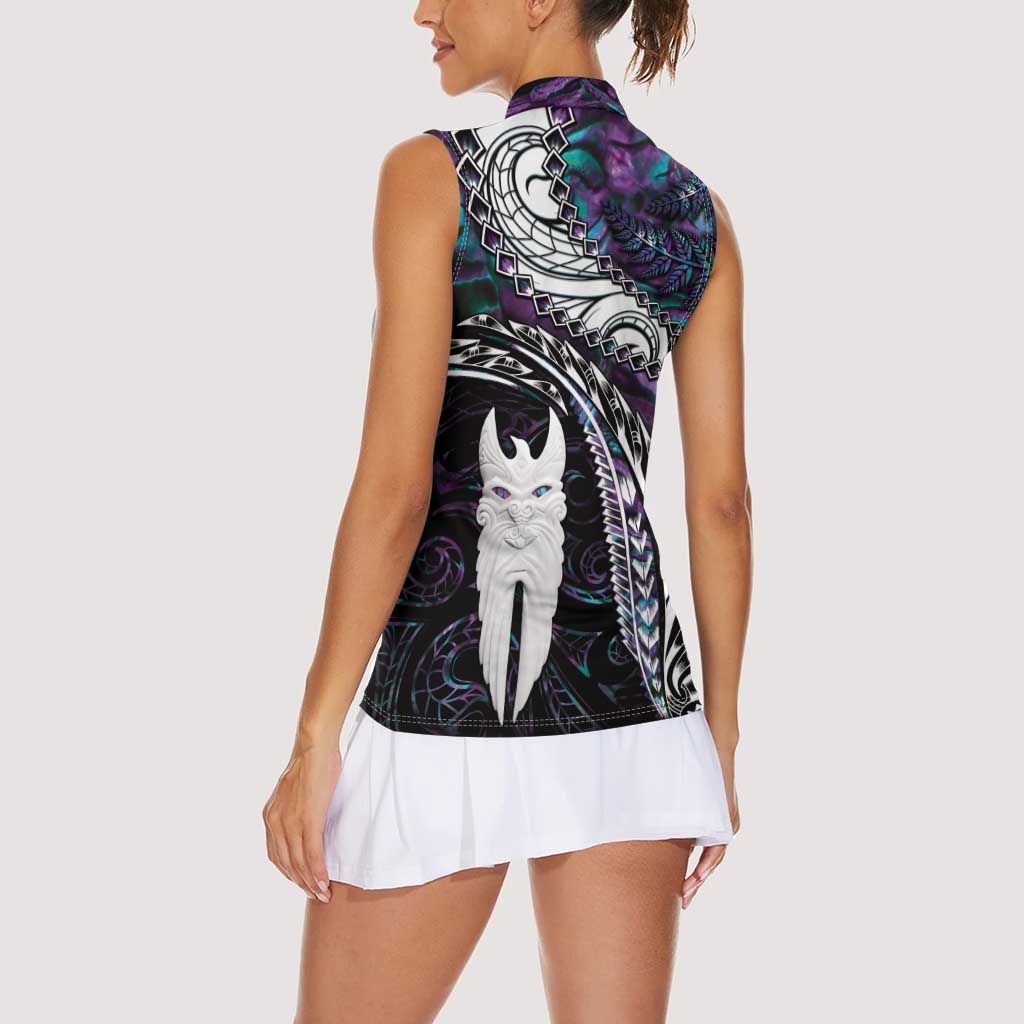 New Zealand Aotearoa Women Sleeveless Polo Shirt Maori Hei Rehua Paua Shell Glitter Purple LT05 - Polynesian Pride