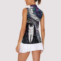 New Zealand Aotearoa Women Sleeveless Polo Shirt Maori Hei Rehua Paua Shell Glitter Purple LT05 - Polynesian Pride