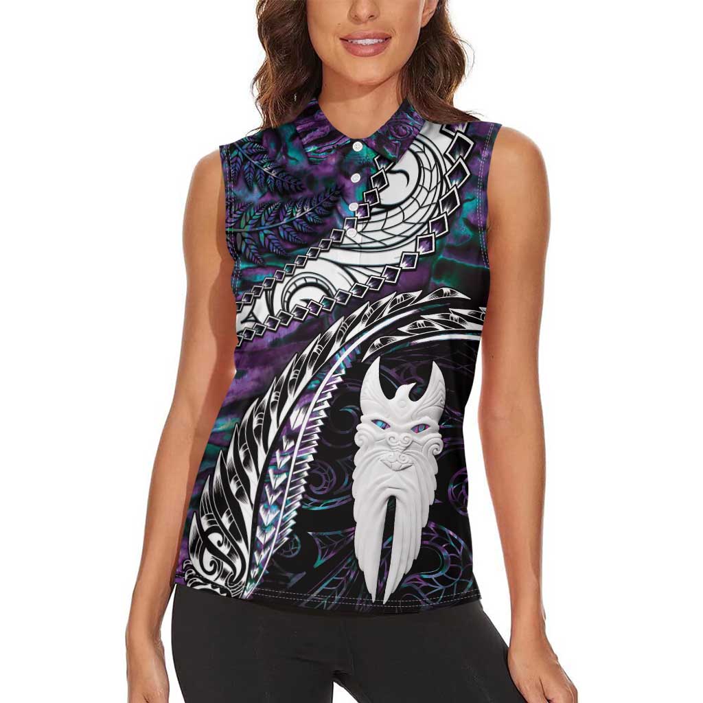 New Zealand Aotearoa Women Sleeveless Polo Shirt Maori Hei Rehua Paua Shell Glitter Purple LT05 - Polynesian Pride