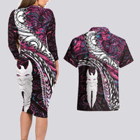New Zealand Aotearoa Couples Matching Long Sleeve Bodycon Dress and Hawaiian Shirt Maori Hei Rehua Paua Shell Glitter Pink LT05 - Polynesian Pride