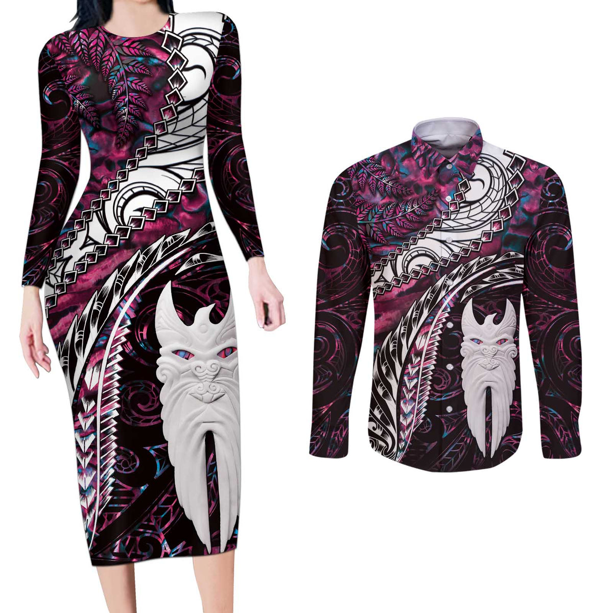 New Zealand Aotearoa Couples Matching Long Sleeve Bodycon Dress and Long Sleeve Button Shirt Maori Hei Rehua Paua Shell Glitter Pink LT05 Pink - Polynesian Pride