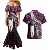 New Zealand Aotearoa Couples Matching Mermaid Dress and Hawaiian Shirt Maori Hei Rehua Paua Shell Glitter Pink LT05 - Polynesian Pride