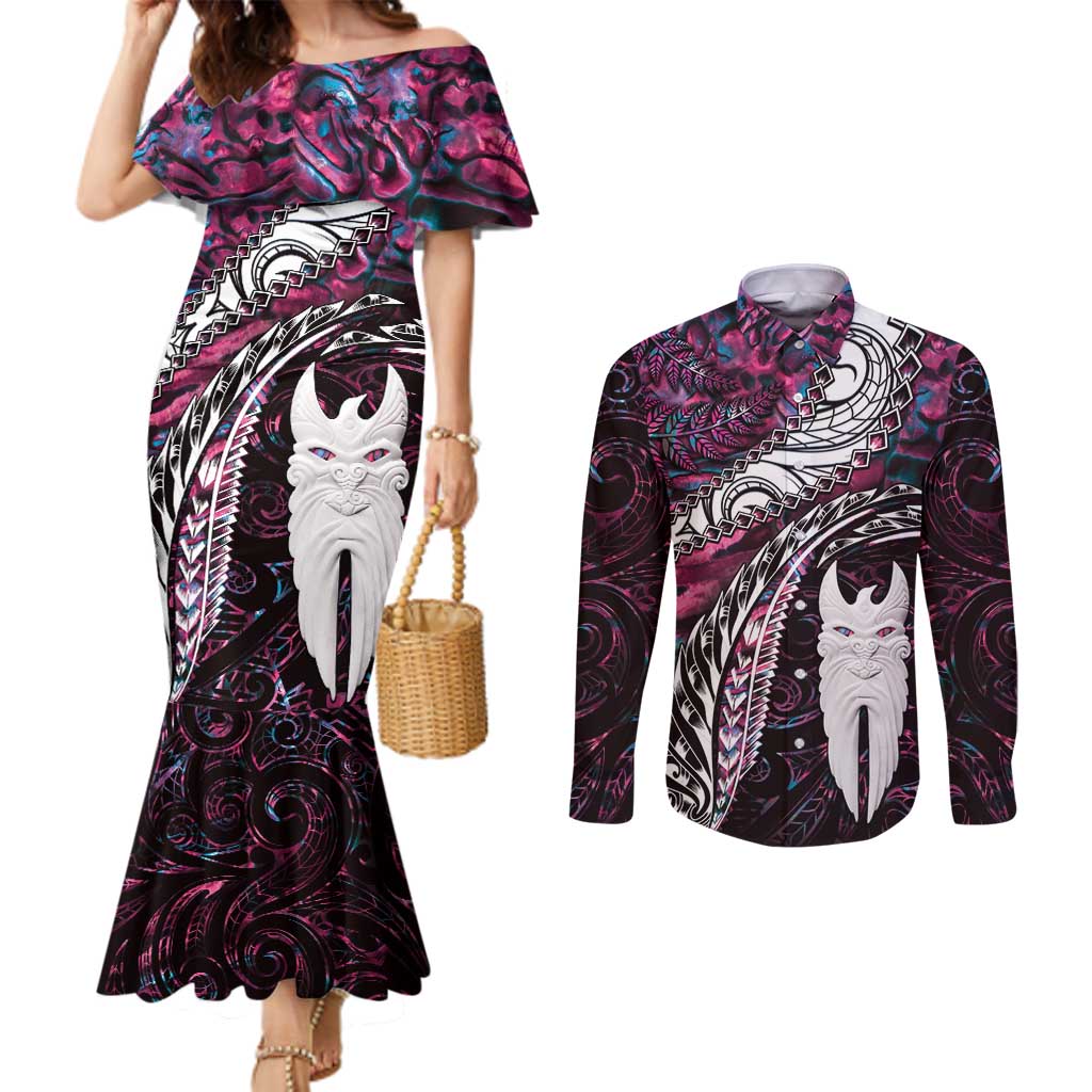 New Zealand Aotearoa Couples Matching Mermaid Dress and Long Sleeve Button Shirt Maori Hei Rehua Paua Shell Glitter Pink LT05 Pink - Polynesian Pride