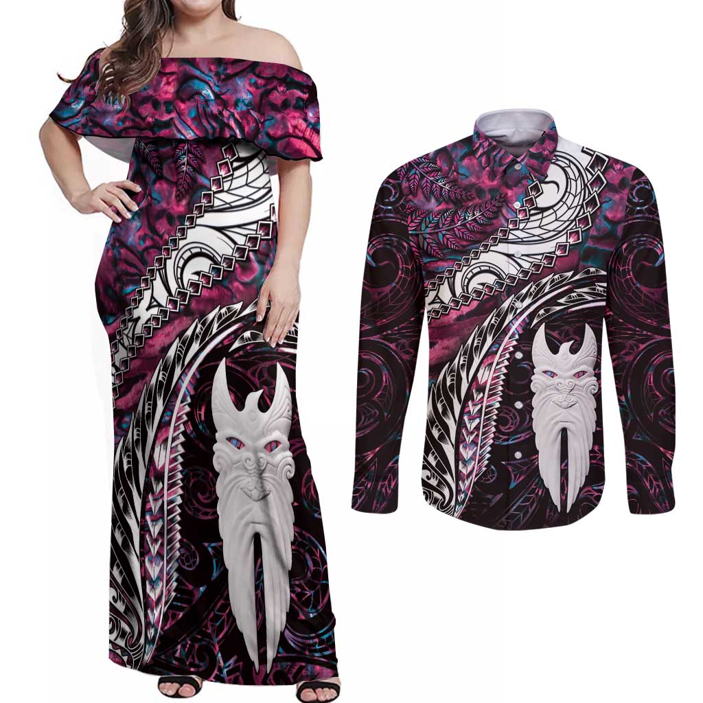 New Zealand Aotearoa Couples Matching Off Shoulder Maxi Dress and Long Sleeve Button Shirt Maori Hei Rehua Paua Shell Glitter Pink LT05 Pink - Polynesian Pride