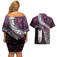 New Zealand Aotearoa Couples Matching Off Shoulder Short Dress and Hawaiian Shirt Maori Hei Rehua Paua Shell Glitter Pink LT05 - Polynesian Pride