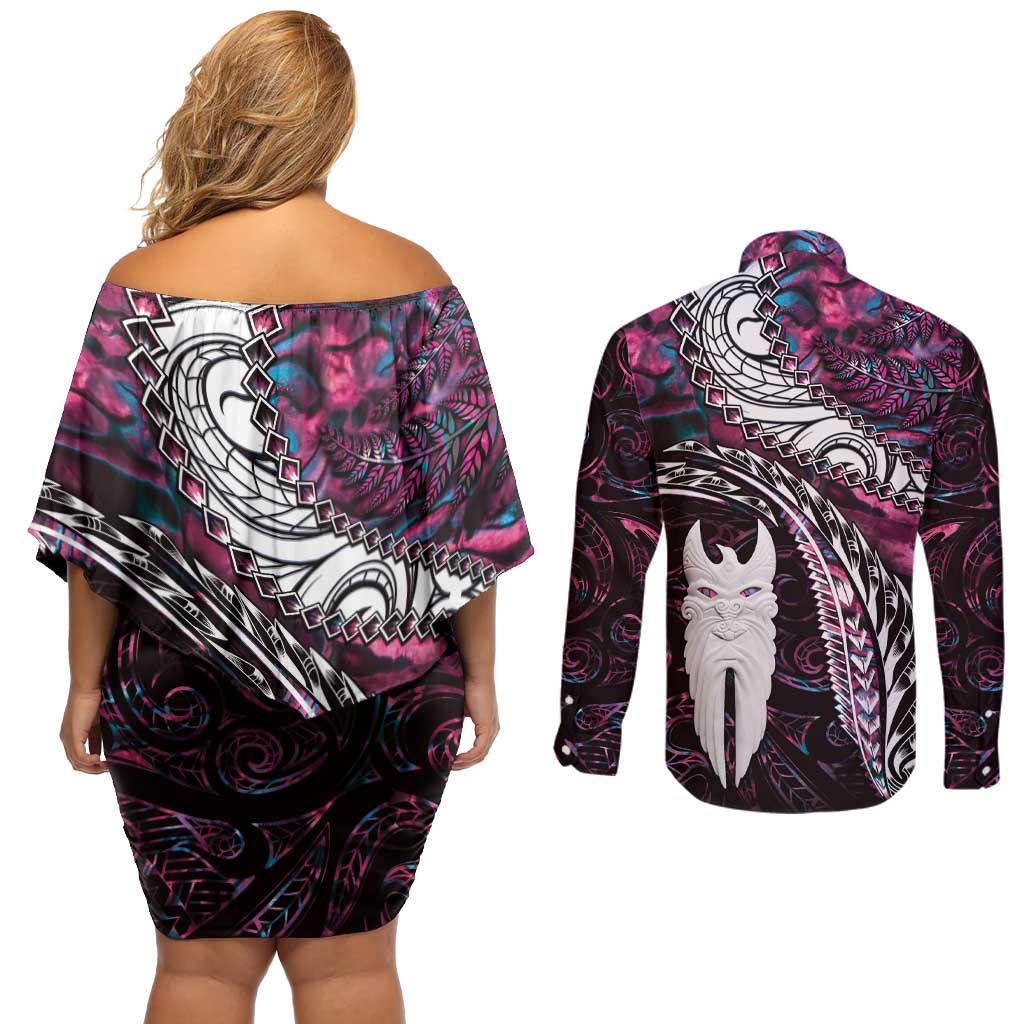 New Zealand Aotearoa Couples Matching Off Shoulder Short Dress and Long Sleeve Button Shirt Maori Hei Rehua Paua Shell Glitter Pink LT05 - Polynesian Pride