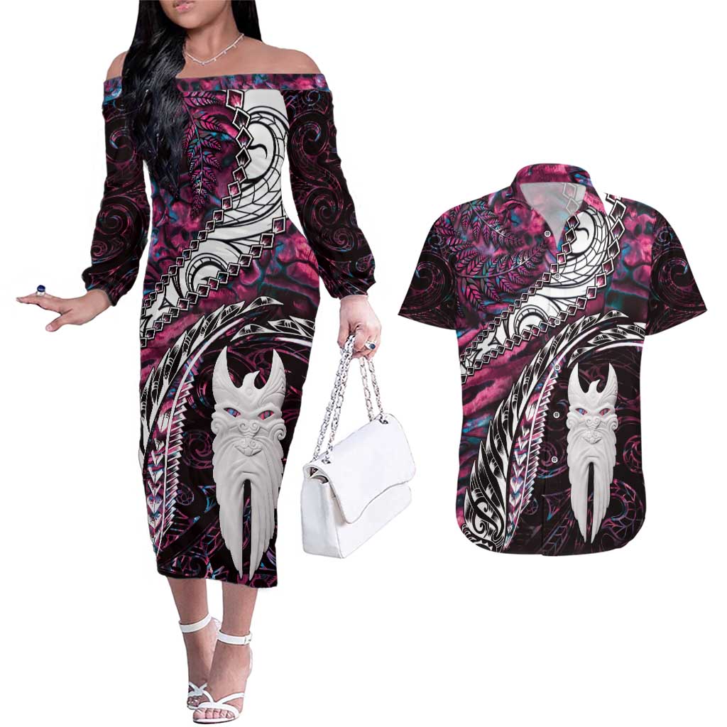 New Zealand Aotearoa Couples Matching Off The Shoulder Long Sleeve Dress and Hawaiian Shirt Maori Hei Rehua Paua Shell Glitter Pink LT05 Pink - Polynesian Pride