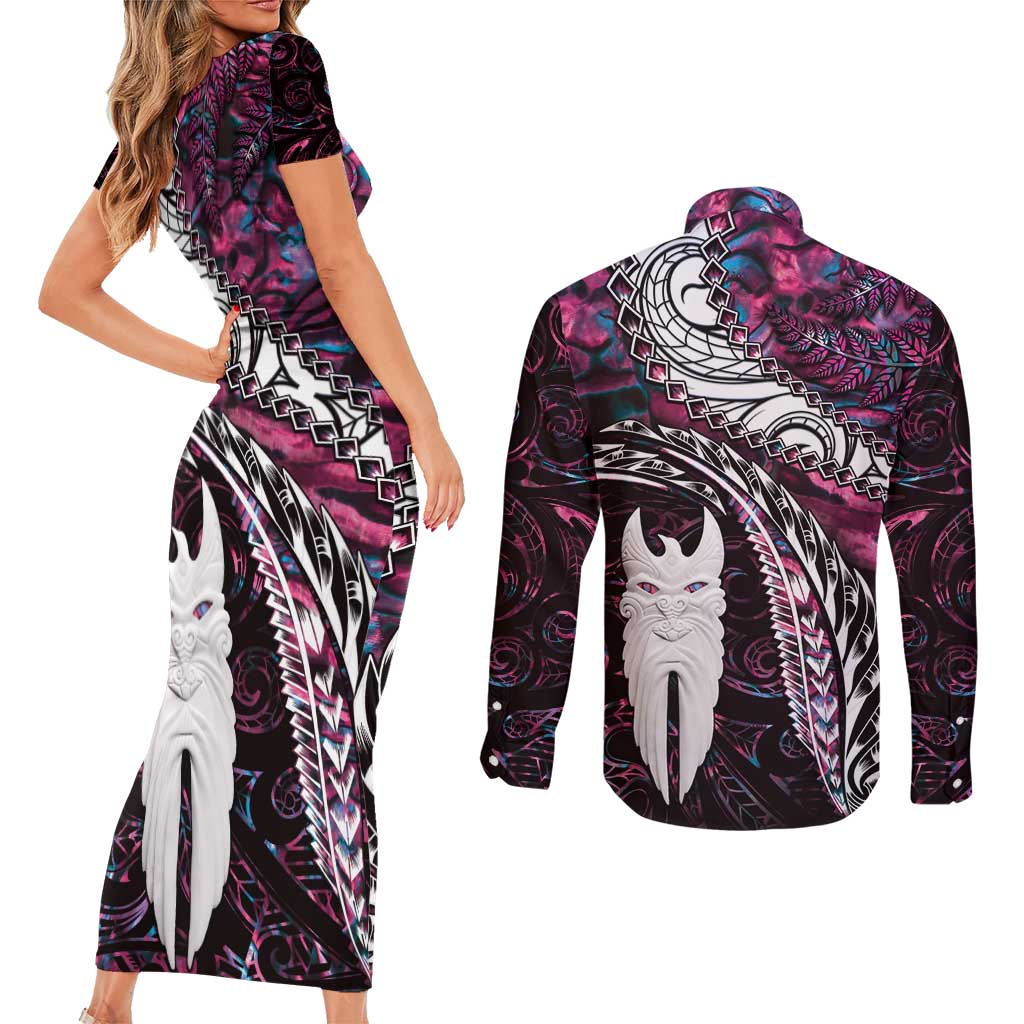 New Zealand Aotearoa Couples Matching Short Sleeve Bodycon Dress and Long Sleeve Button Shirt Maori Hei Rehua Paua Shell Glitter Pink LT05 - Polynesian Pride