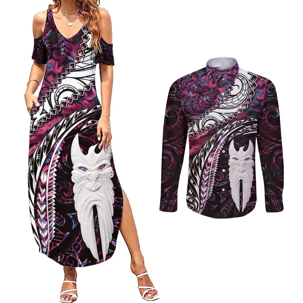 New Zealand Aotearoa Couples Matching Summer Maxi Dress and Long Sleeve Button Shirt Maori Hei Rehua Paua Shell Glitter Pink LT05 Pink - Polynesian Pride