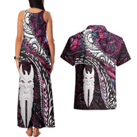 New Zealand Aotearoa Couples Matching Tank Maxi Dress and Hawaiian Shirt Maori Hei Rehua Paua Shell Glitter Pink LT05 - Polynesian Pride