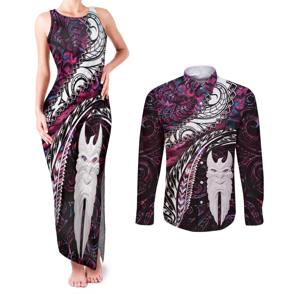 New Zealand Aotearoa Couples Matching Tank Maxi Dress and Long Sleeve Button Shirt Maori Hei Rehua Paua Shell Glitter Pink LT05 Pink - Polynesian Pride