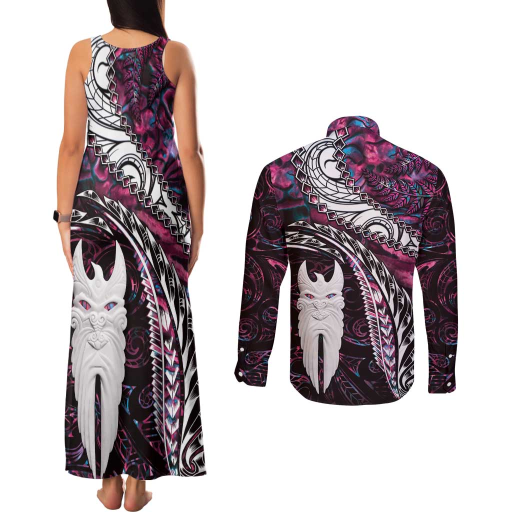 New Zealand Aotearoa Couples Matching Tank Maxi Dress and Long Sleeve Button Shirt Maori Hei Rehua Paua Shell Glitter Pink LT05 - Polynesian Pride