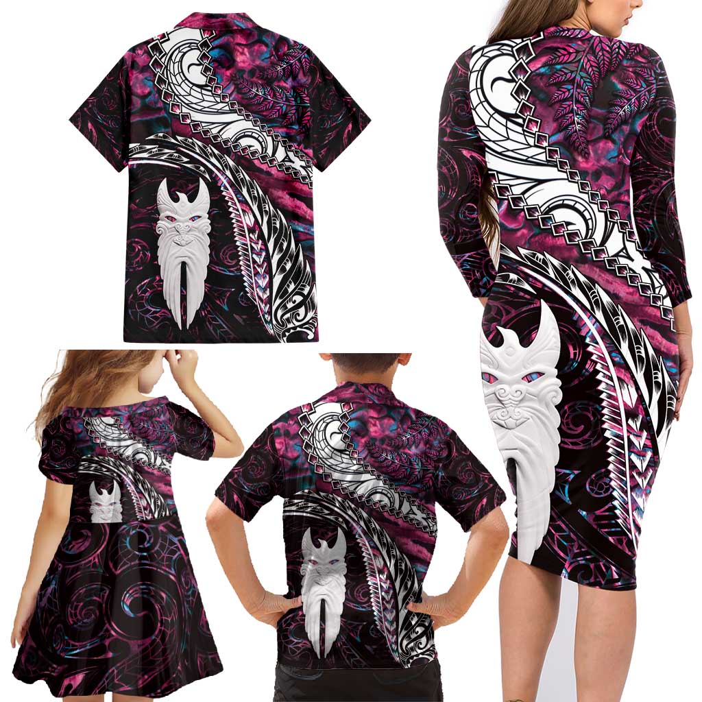 New Zealand Aotearoa Family Matching Long Sleeve Bodycon Dress and Hawaiian Shirt Maori Hei Rehua Paua Shell Glitter Pink LT05 - Polynesian Pride