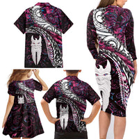 New Zealand Aotearoa Family Matching Long Sleeve Bodycon Dress and Hawaiian Shirt Maori Hei Rehua Paua Shell Glitter Pink LT05 - Polynesian Pride