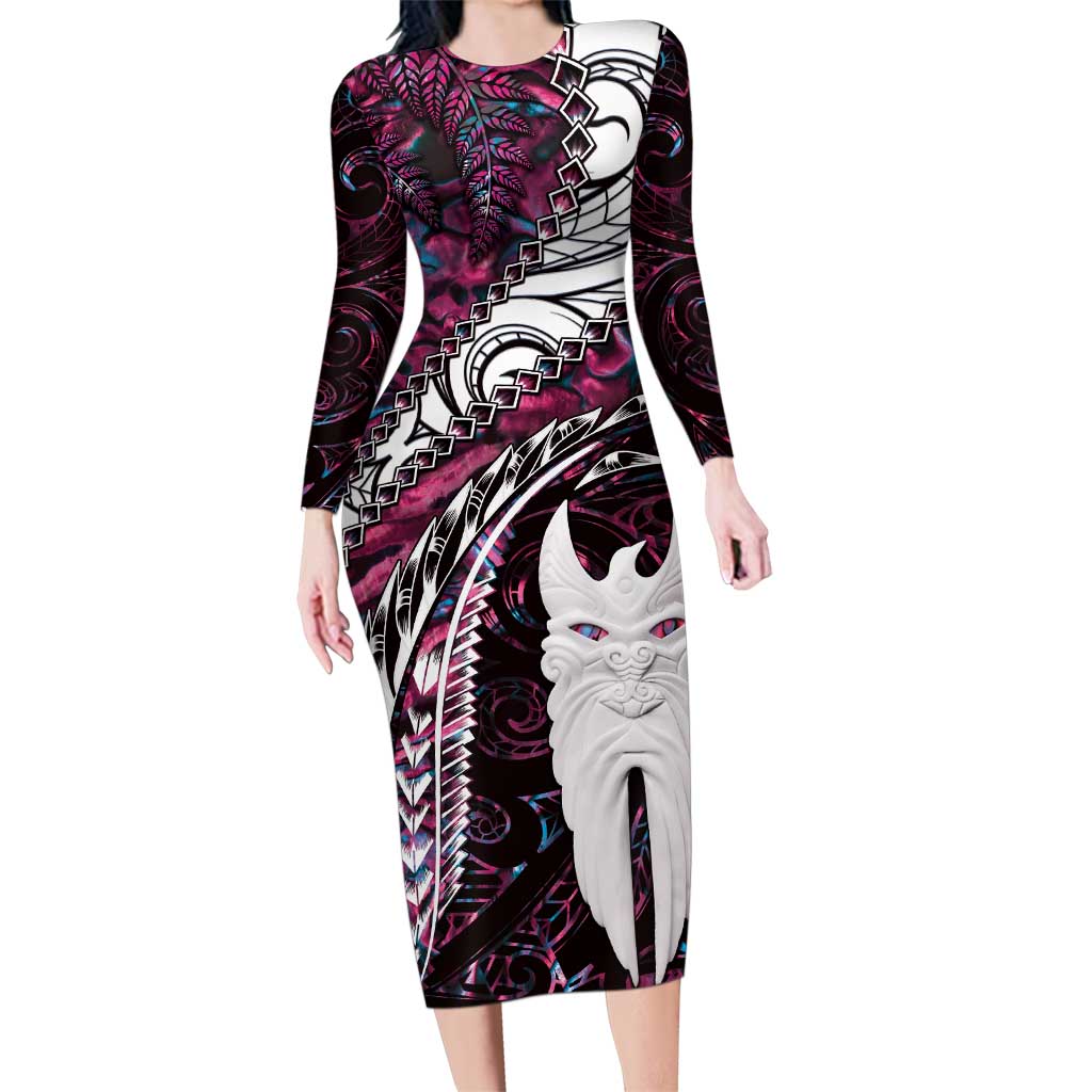 New Zealand Aotearoa Family Matching Long Sleeve Bodycon Dress and Hawaiian Shirt Maori Hei Rehua Paua Shell Glitter Pink LT05 Mom's Dress Pink - Polynesian Pride