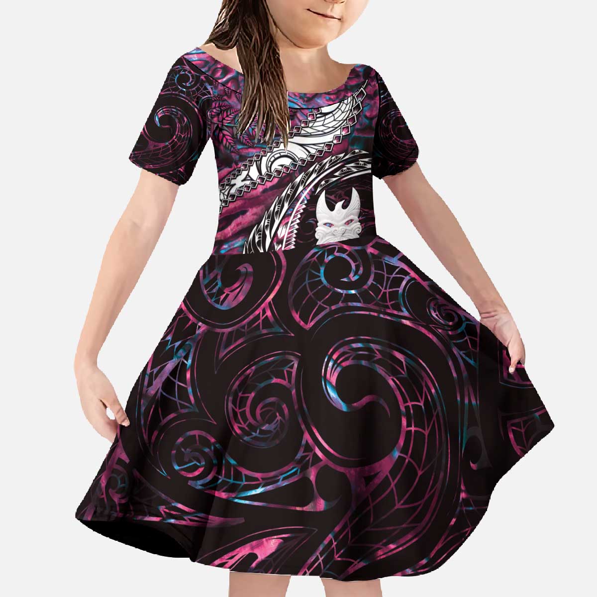 New Zealand Aotearoa Family Matching Off The Shoulder Long Sleeve Dress and Hawaiian Shirt Maori Hei Rehua Paua Shell Glitter Pink LT05 Daughter's Dress Pink - Polynesian Pride