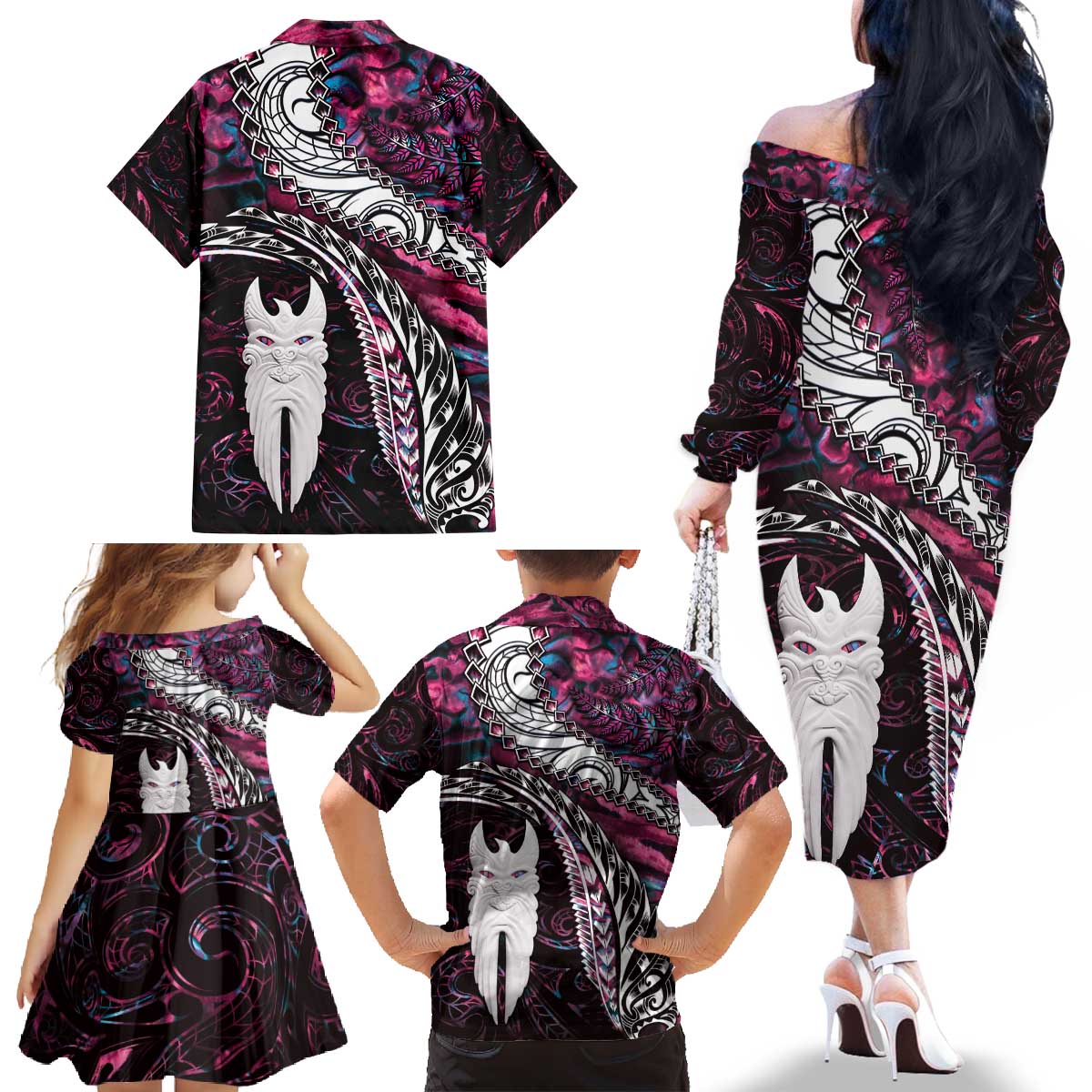 New Zealand Aotearoa Family Matching Off The Shoulder Long Sleeve Dress and Hawaiian Shirt Maori Hei Rehua Paua Shell Glitter Pink LT05 - Polynesian Pride