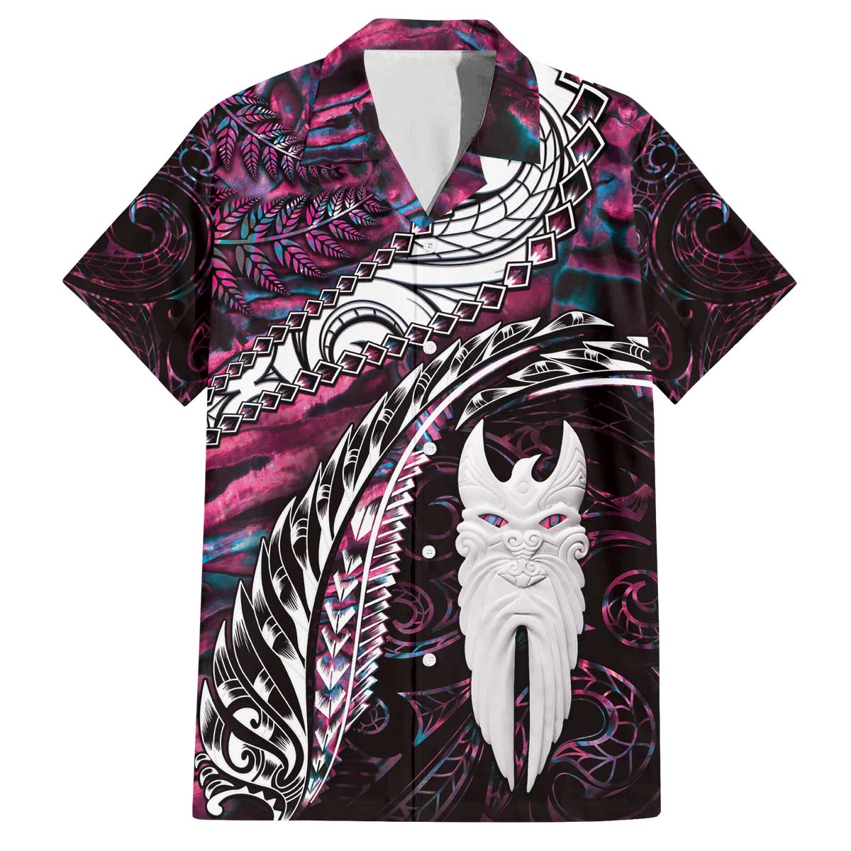 New Zealand Aotearoa Family Matching Off The Shoulder Long Sleeve Dress and Hawaiian Shirt Maori Hei Rehua Paua Shell Glitter Pink LT05 Dad's Shirt - Short Sleeve Pink - Polynesian Pride
