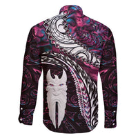 New Zealand Aotearoa Family Matching Off The Shoulder Long Sleeve Dress and Hawaiian Shirt Maori Hei Rehua Paua Shell Glitter Pink LT05 - Polynesian Pride