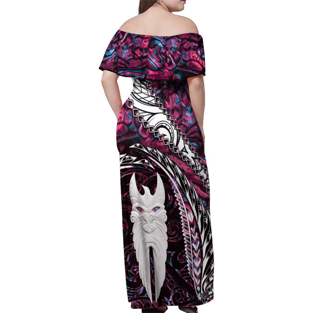 New Zealand Aotearoa Family Matching Off Shoulder Maxi Dress and Hawaiian Shirt Maori Hei Rehua Paua Shell Glitter Pink LT05 - Polynesian Pride