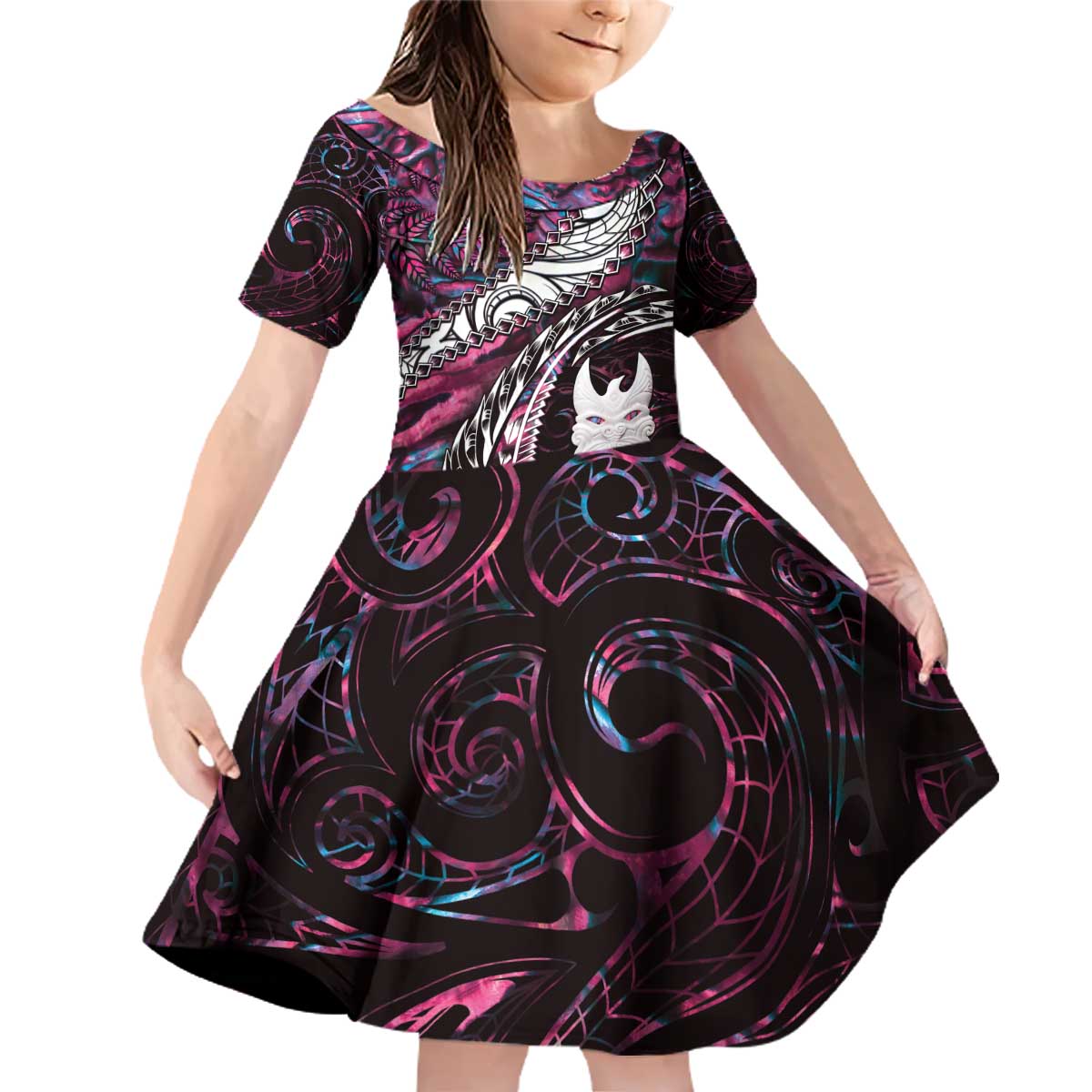 New Zealand Aotearoa Family Matching Off Shoulder Short Dress and Hawaiian Shirt Maori Hei Rehua Paua Shell Glitter Pink LT05 Daughter's Dress Pink - Polynesian Pride