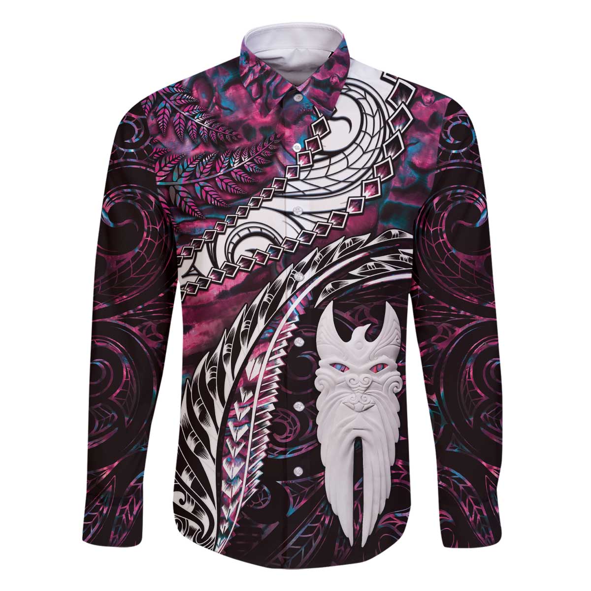 New Zealand Aotearoa Family Matching Off Shoulder Short Dress and Hawaiian Shirt Maori Hei Rehua Paua Shell Glitter Pink LT05 Dad's Shirt - Long Sleeve Pink - Polynesian Pride
