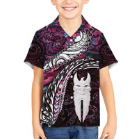 New Zealand Aotearoa Family Matching Off Shoulder Short Dress and Hawaiian Shirt Maori Hei Rehua Paua Shell Glitter Pink LT05 Son's Shirt Pink - Polynesian Pride