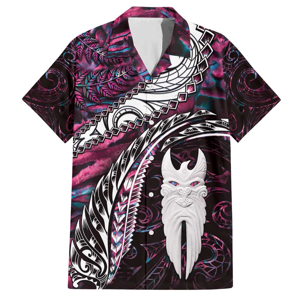 New Zealand Aotearoa Family Matching Summer Maxi Dress and Hawaiian Shirt Maori Hei Rehua Paua Shell Glitter Pink LT05 Dad's Shirt - Short Sleeve Pink - Polynesian Pride