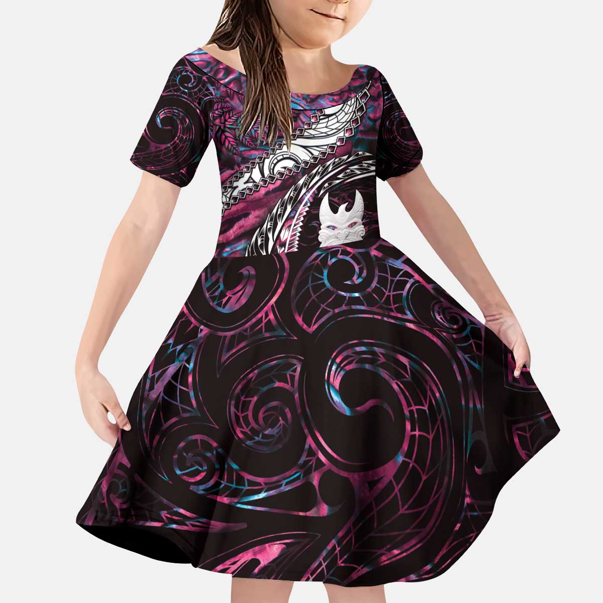 New Zealand Aotearoa Kid Short Sleeve Dress Maori Hei Rehua Paua Shell Glitter Pink LT05 KID Pink - Polynesian Pride