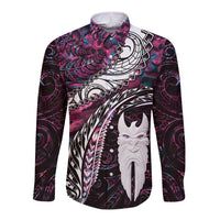 New Zealand Aotearoa Long Sleeve Button Shirt Maori Hei Rehua Paua Shell Glitter Pink LT05 Unisex Pink - Polynesian Pride