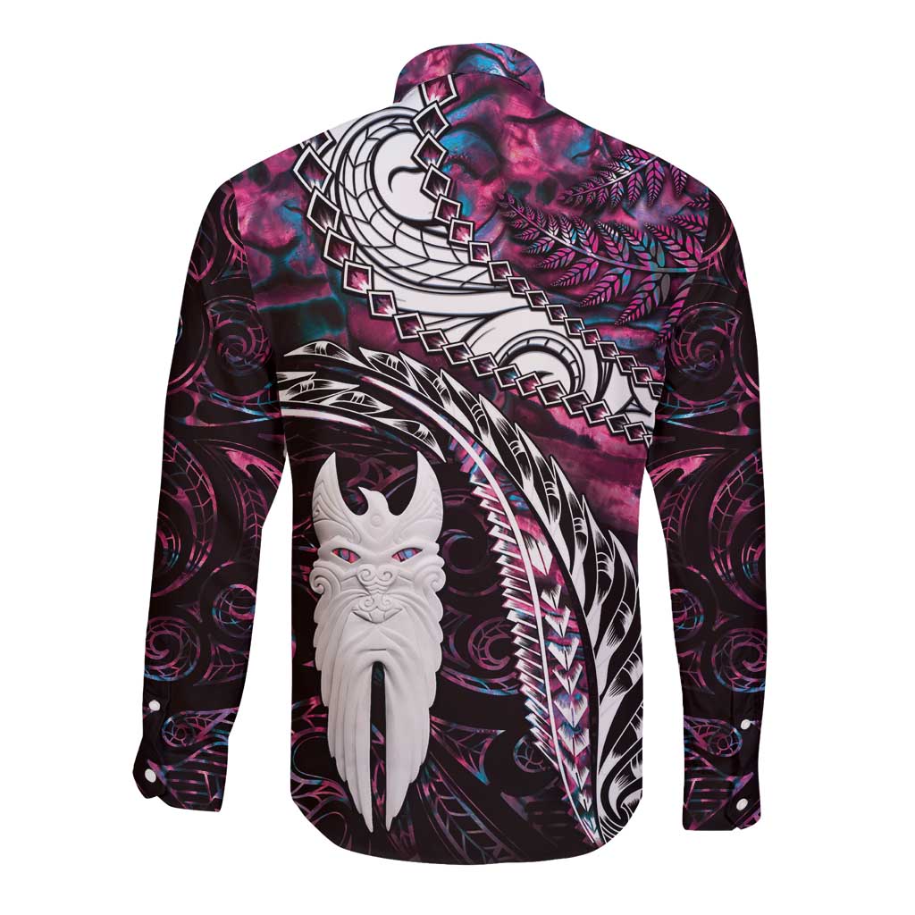 New Zealand Aotearoa Long Sleeve Button Shirt Maori Hei Rehua Paua Shell Glitter Pink LT05 - Polynesian Pride