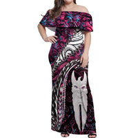 New Zealand Aotearoa Off Shoulder Maxi Dress Maori Hei Rehua Paua Shell Glitter Pink LT05 Women Pink - Polynesian Pride